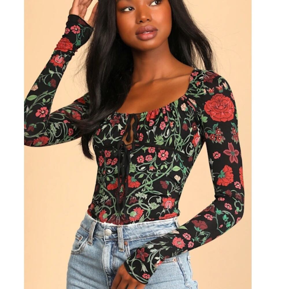 Free People Black Floral Tie-Front Long Sleeve Top
